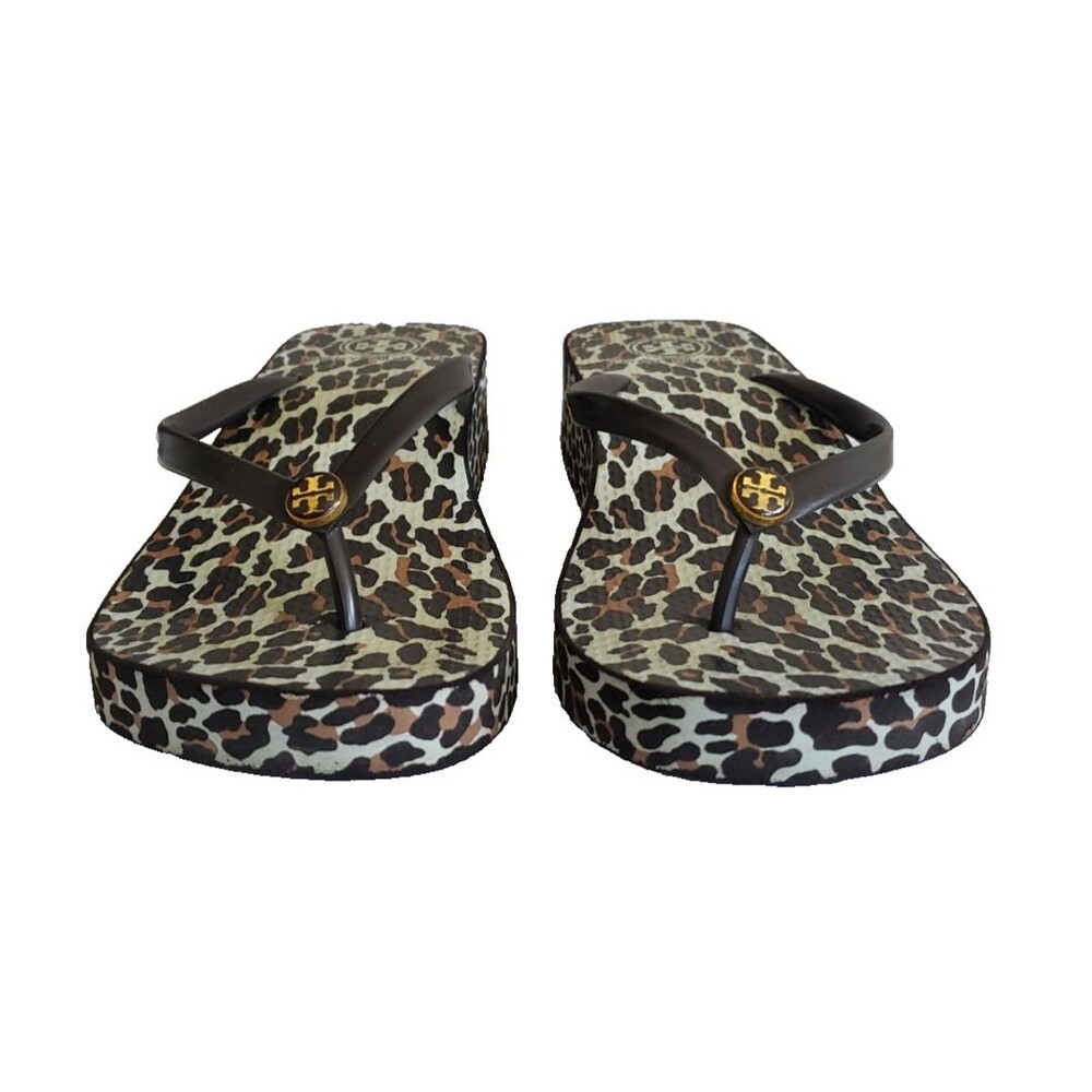 Tory Burch Thandie Wedge Flip-Flop Thong Sandals Brown-Multi Leopard Print Sz 10 - Picture 4 of 10